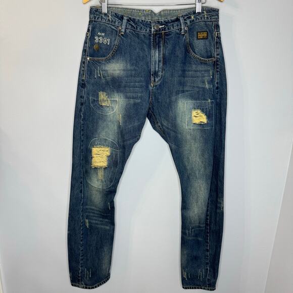 G-Star Other - G star Raw A Crotch Tapered Jeans Moto Distressed Blue Stretch Men's 33x32